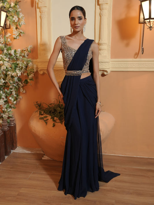 Navy Embroidered Drape Saree Set