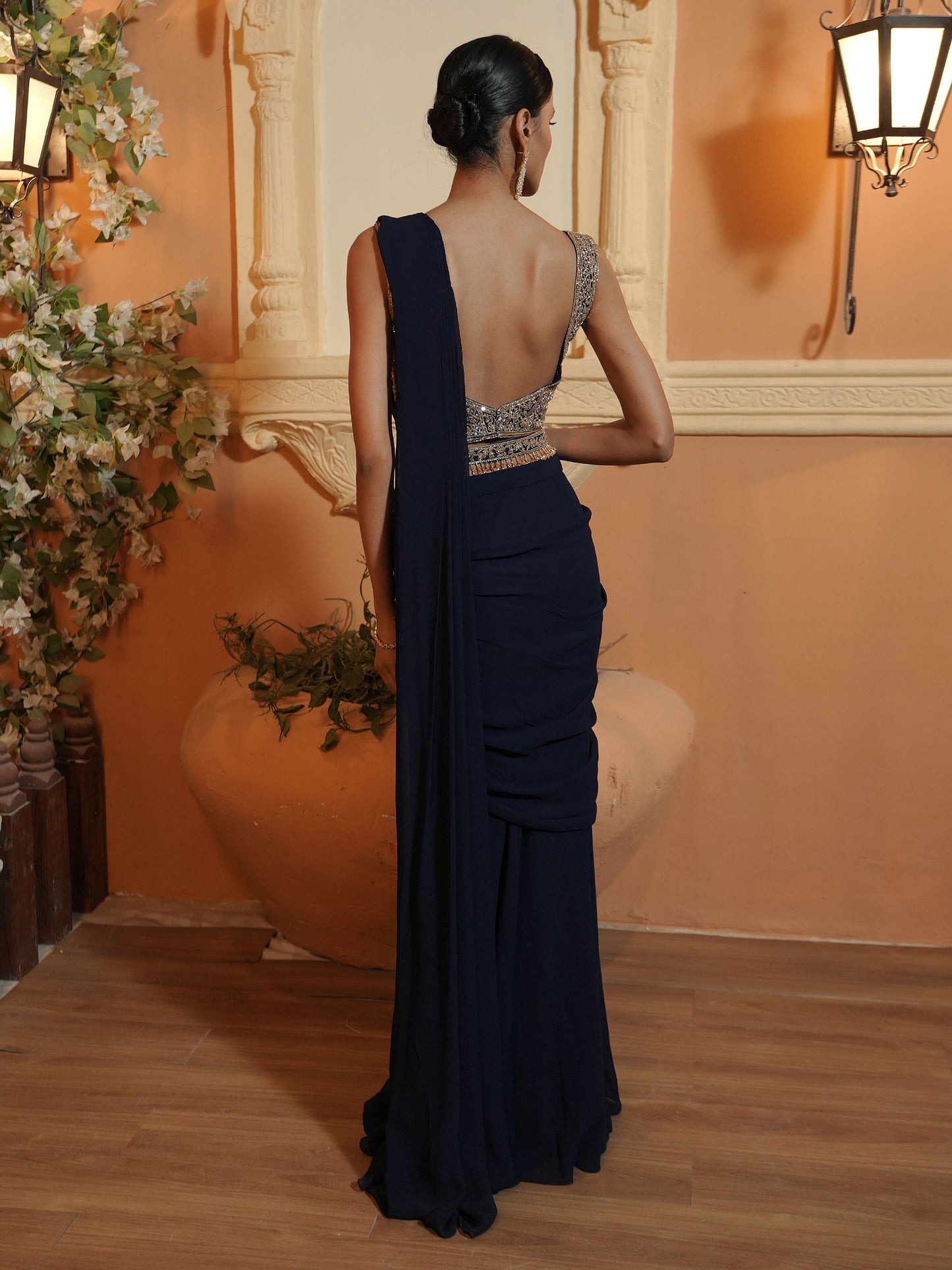 Navy Embroidered Drape Saree Set