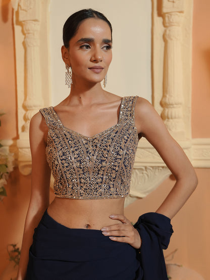 Navy Embroidered Drape Saree Set