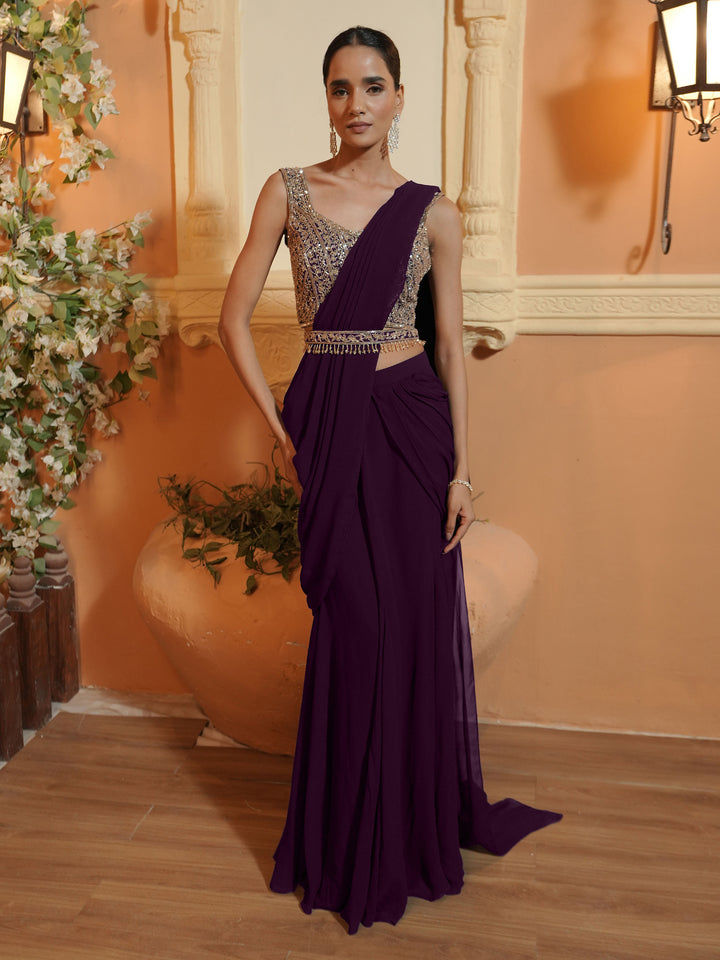 Wine Net Jaal Diamond Blouse with 6 Kali Mermaid Drape Saree with Belt