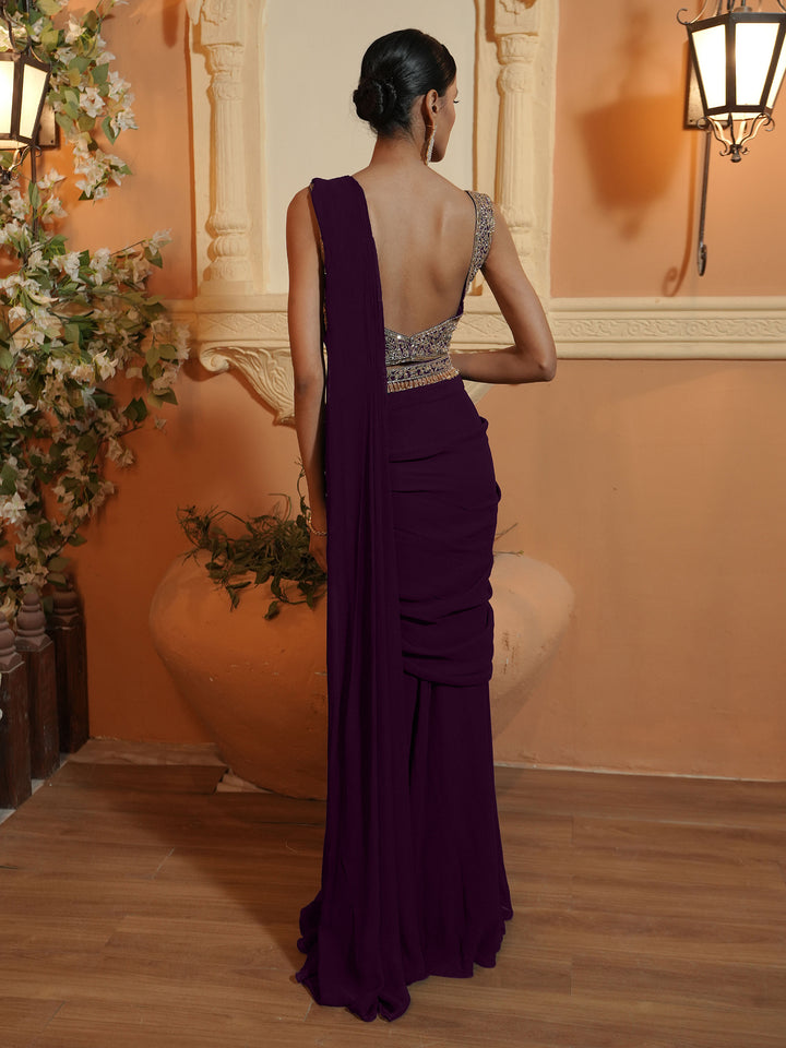 Wine Net Jaal Diamond Blouse with 6 Kali Mermaid Drape Saree with Belt