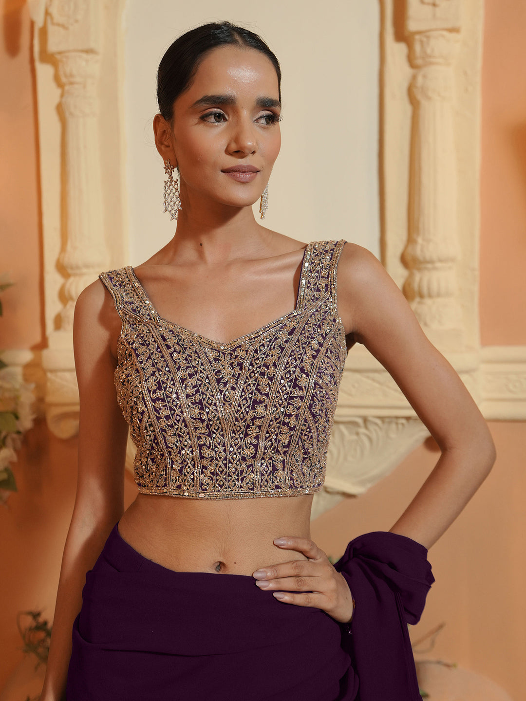 Wine Net Jaal Diamond Blouse with 6 Kali Mermaid Drape Saree with Belt