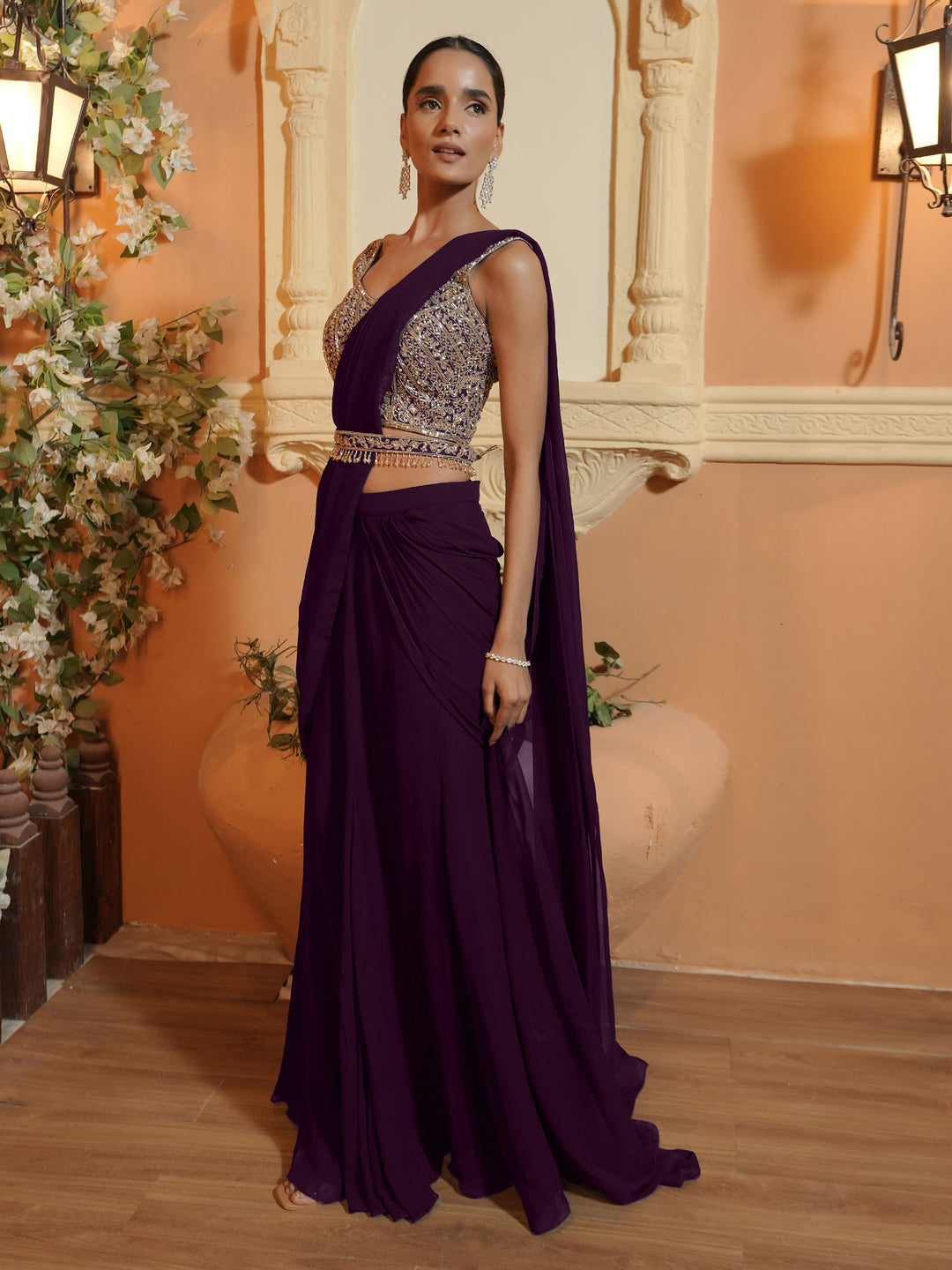 Wine Net Jaal Diamond Blouse with 6 Kali Mermaid Drape Saree with Belt