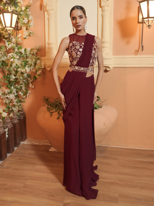 Maroon Hand Embroidered Drape Saree Set
