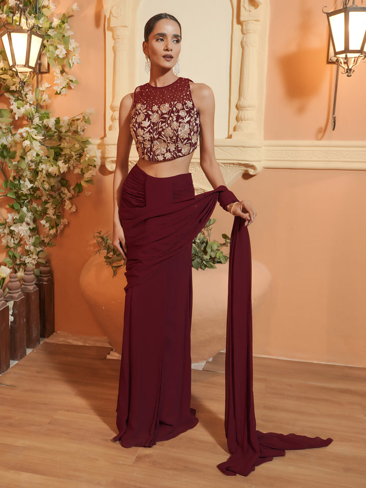 Maroon Hand Embroidered Drape Saree Set