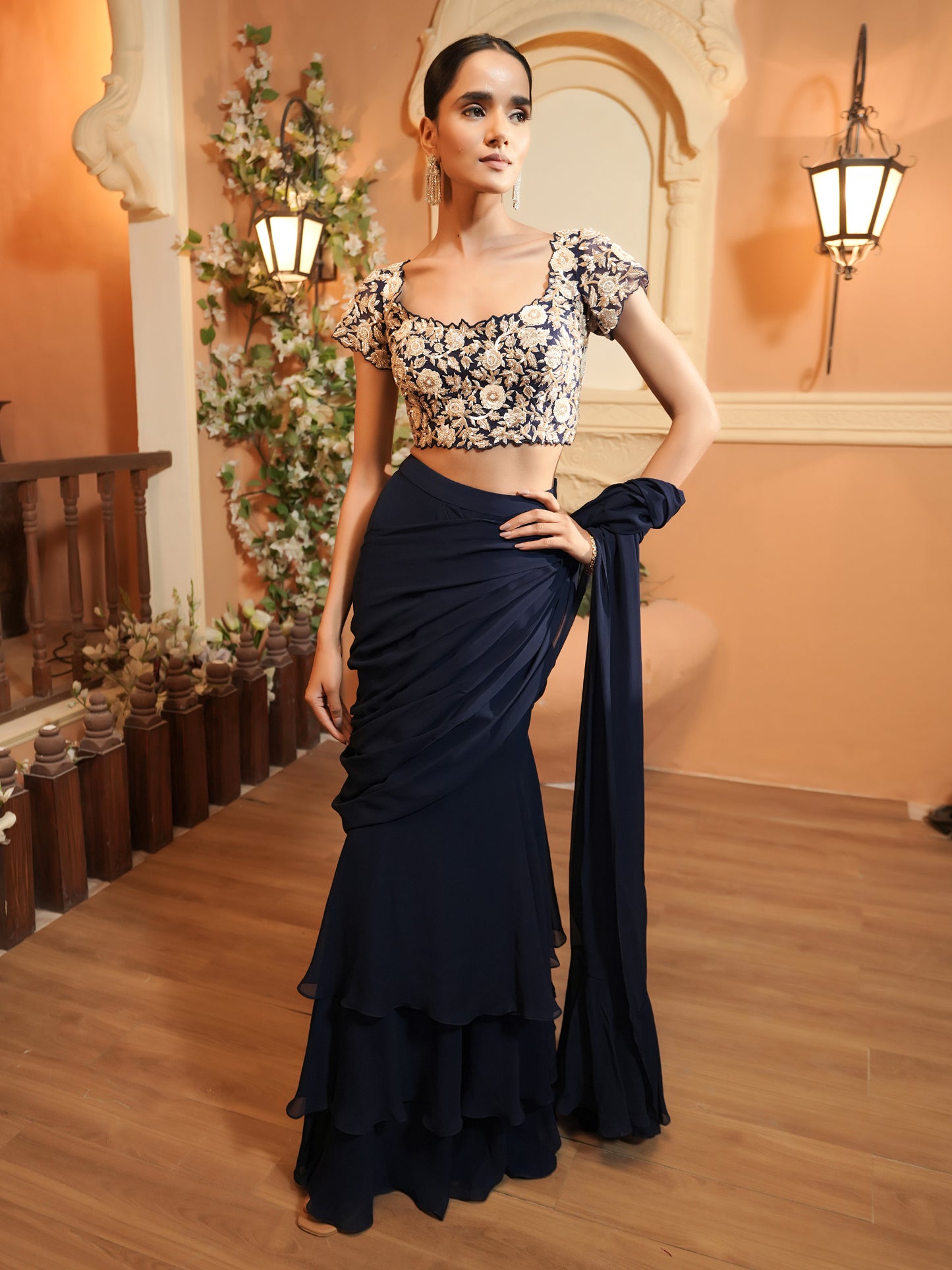 Navy Embroidrered Drape Saree Set