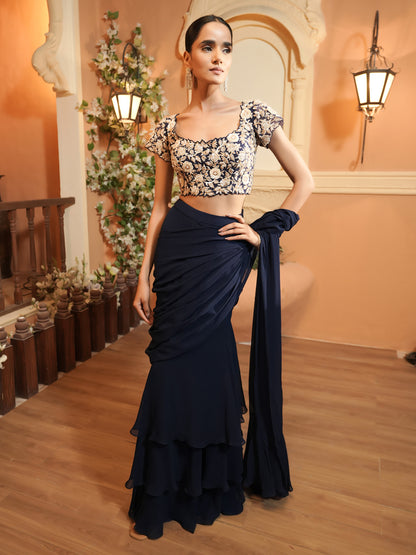Navy Embroidrered Drape Saree Set