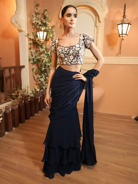 Navy Embroidrered Drape Saree Set