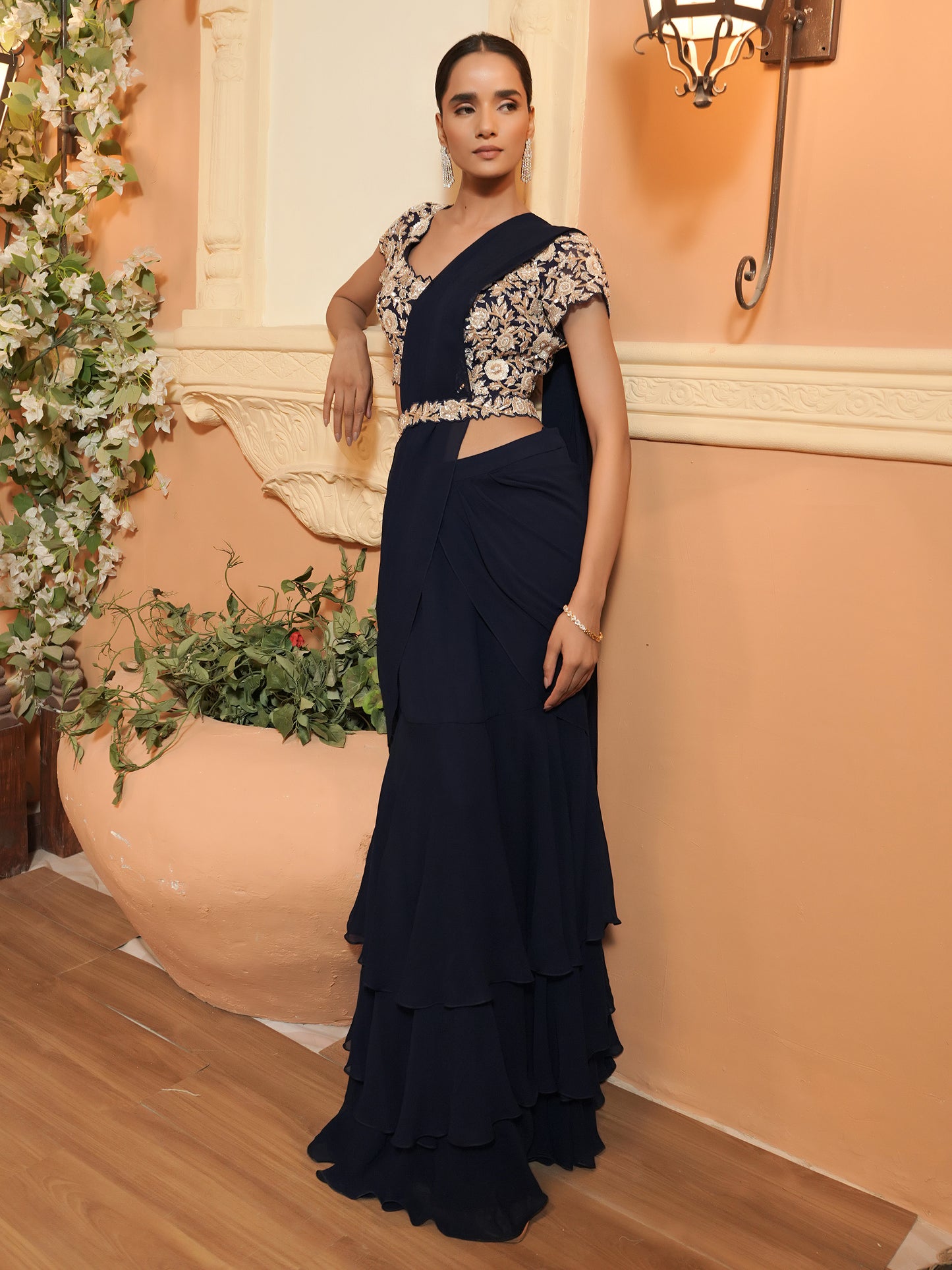 Navy Embroidrered Drape Saree Set