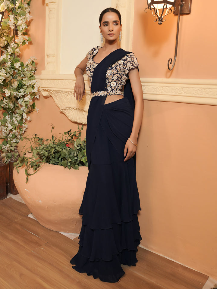Navy Embroidrered Drape Saree Set