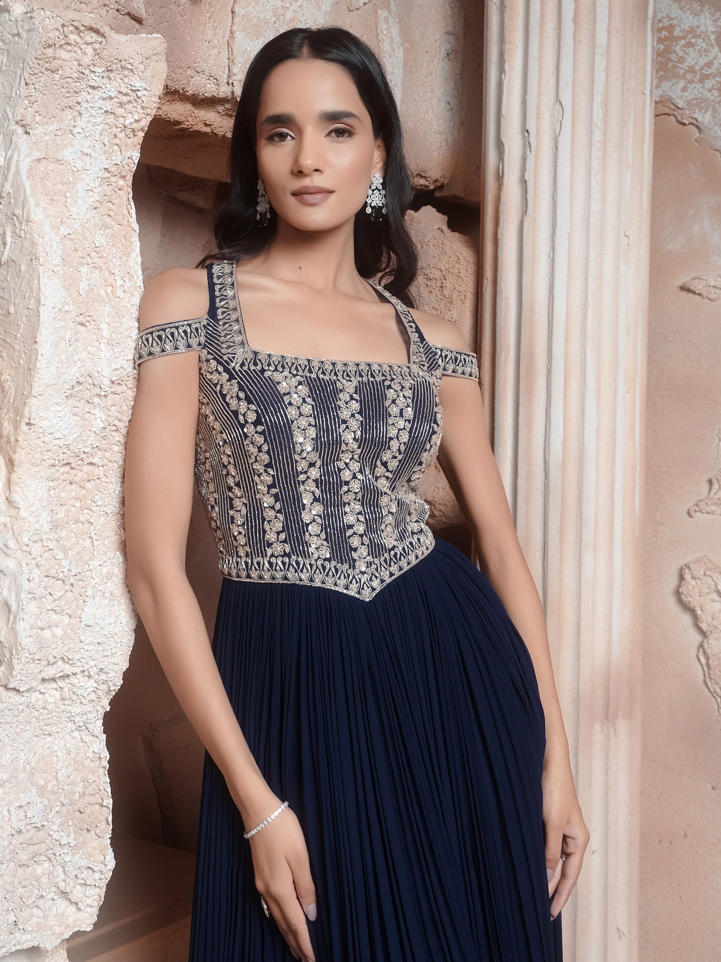 Navy Embroidered Gown
