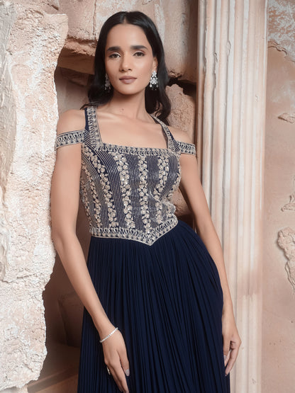 Navy Embroidered Gown