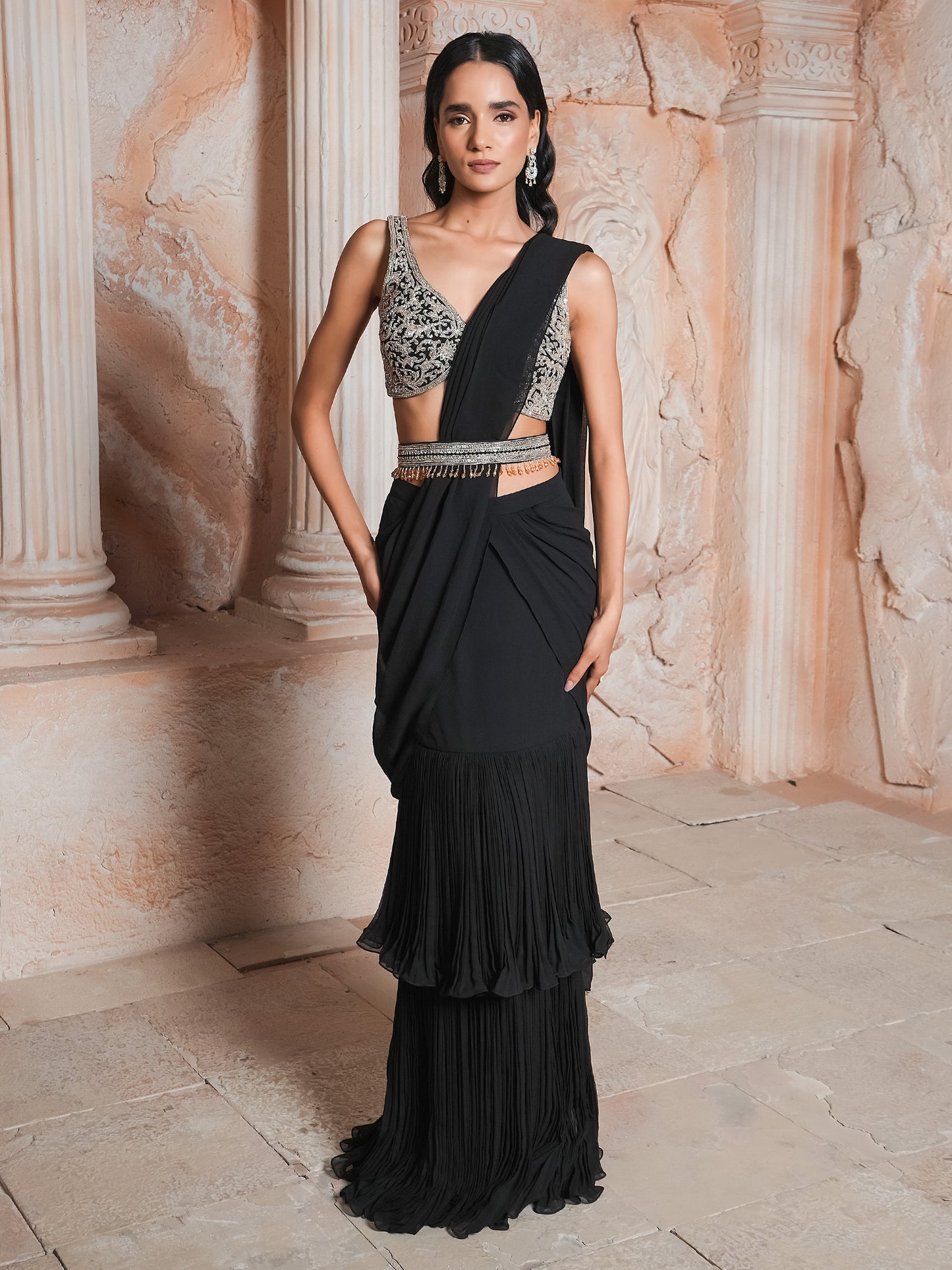 Black Drape Saree Set