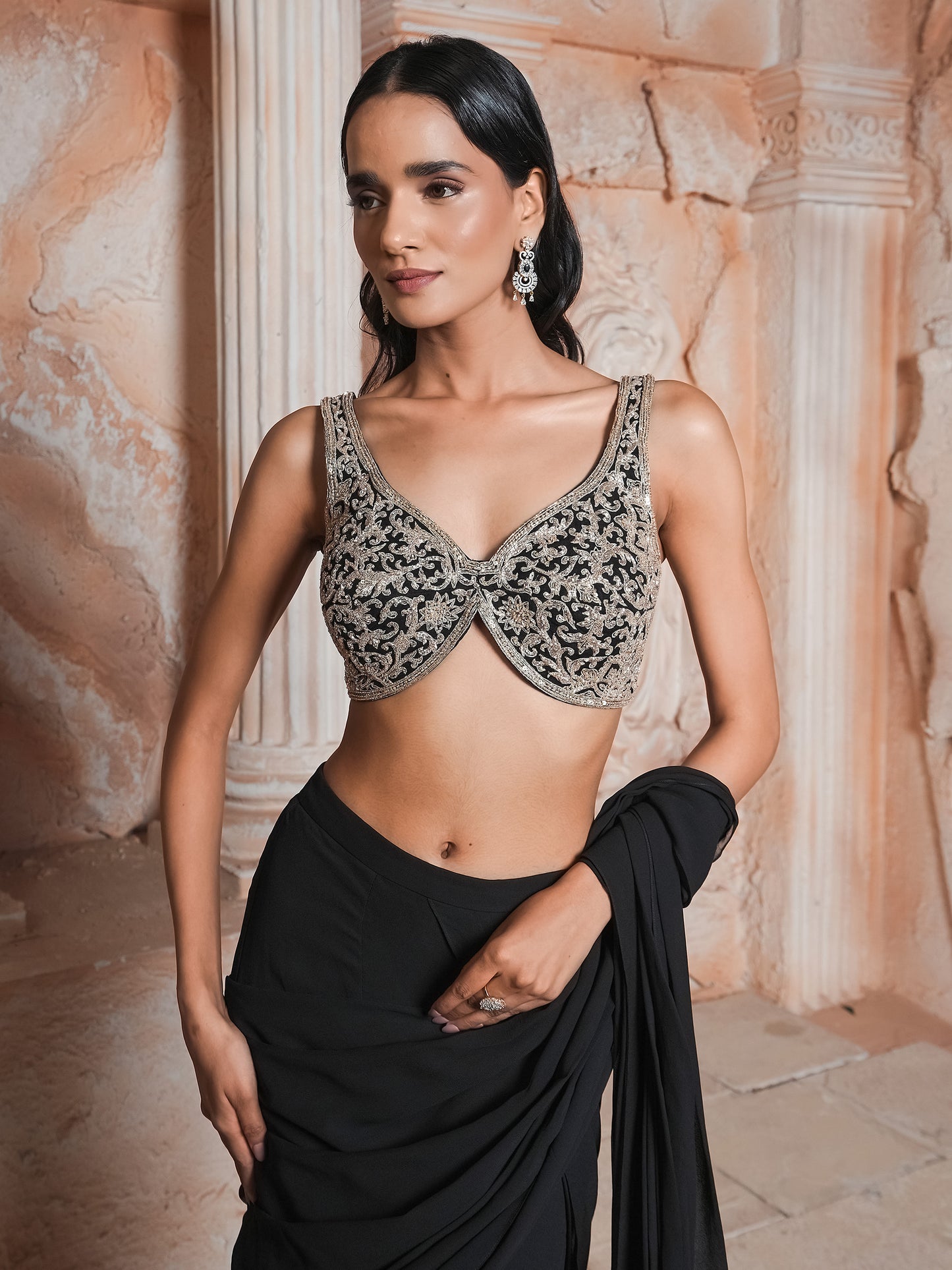 Black Drape Saree Set
