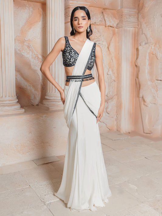 Ivory Embroidered Drape Saree Set