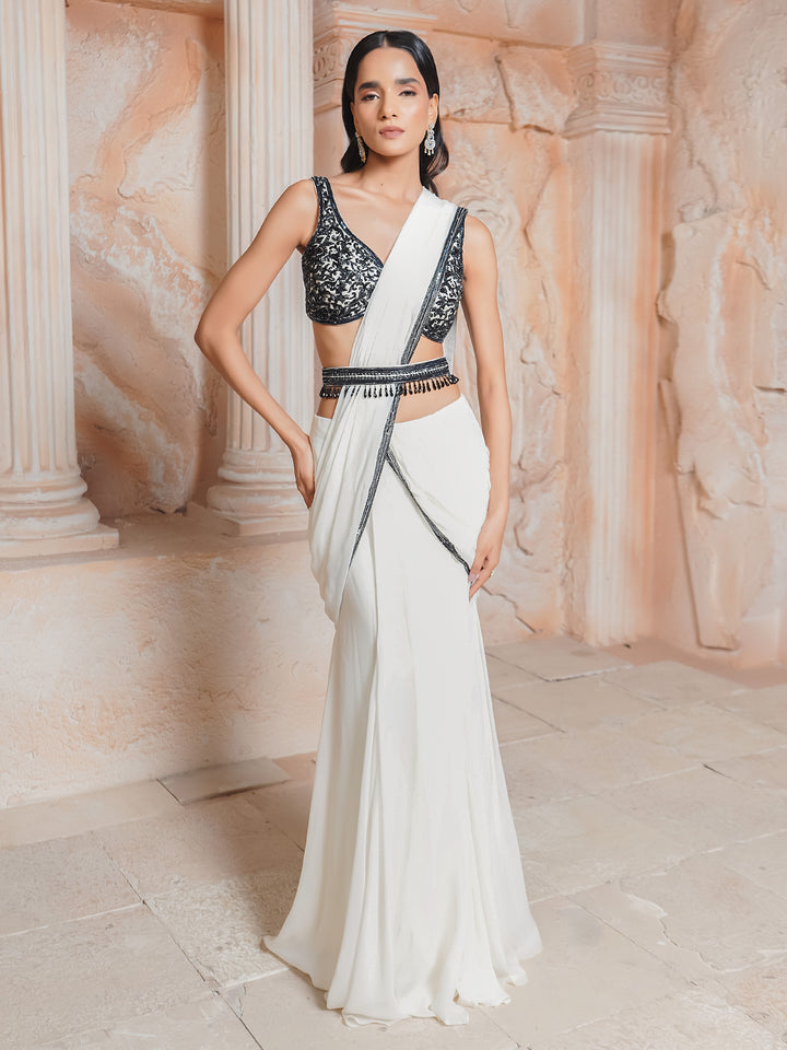 Ivory Embroidered Drape Saree Set