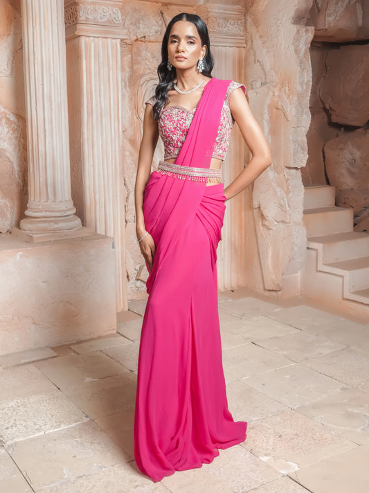 Fushcia Pink Drape Saree Set