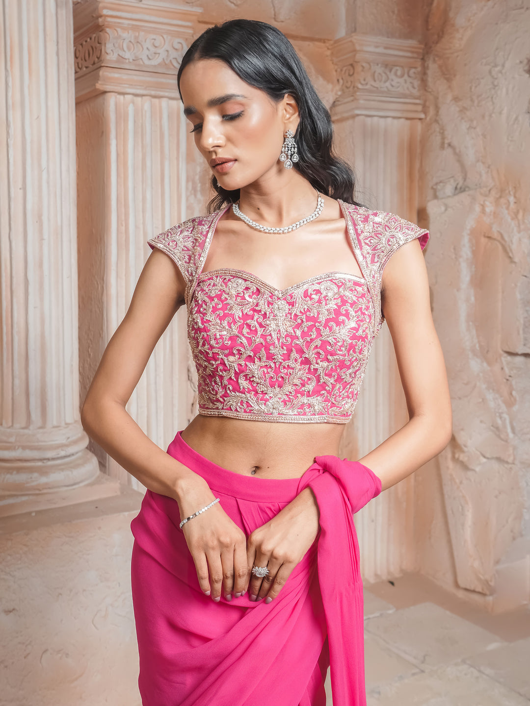 Fushcia Pink Drape Saree Set