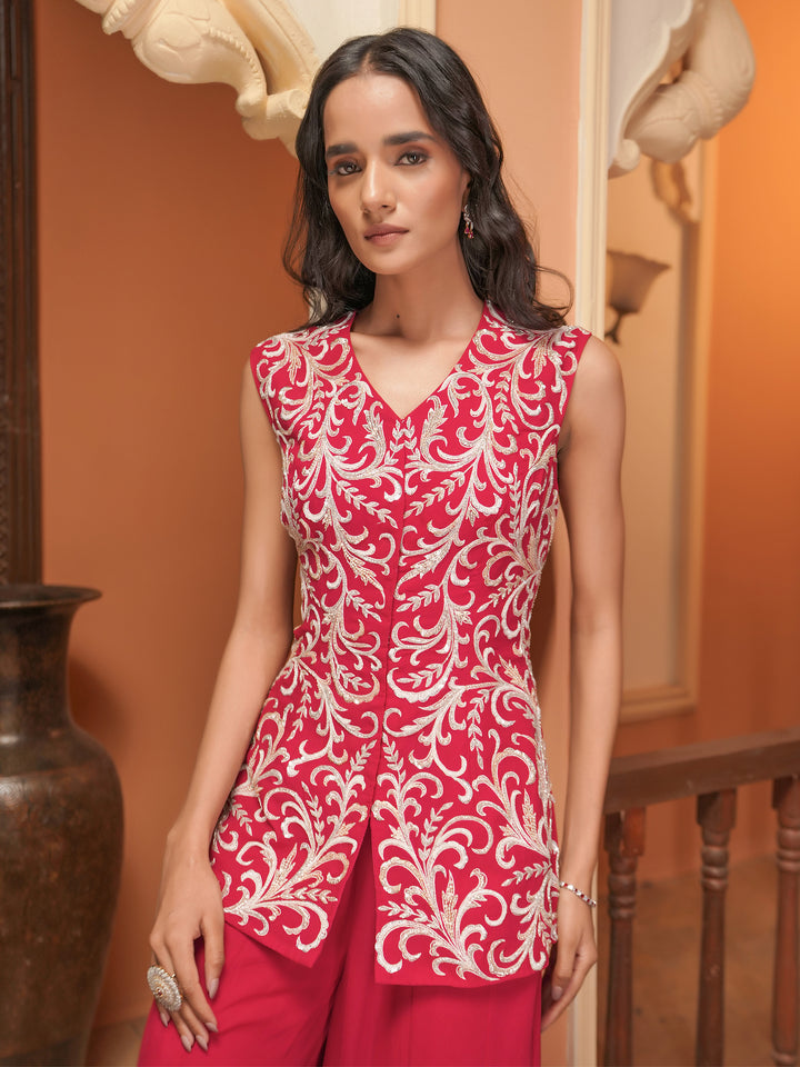 Red Embroidered Sharara Set
