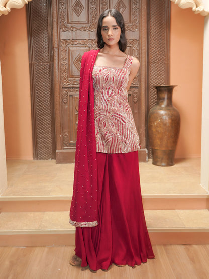 Red Hand Embroidered Kurta Sharara Set