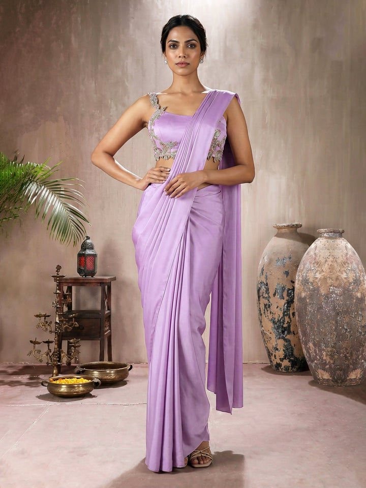 Lilac Crepe Silk Draped Saree With Embroidered Blouse