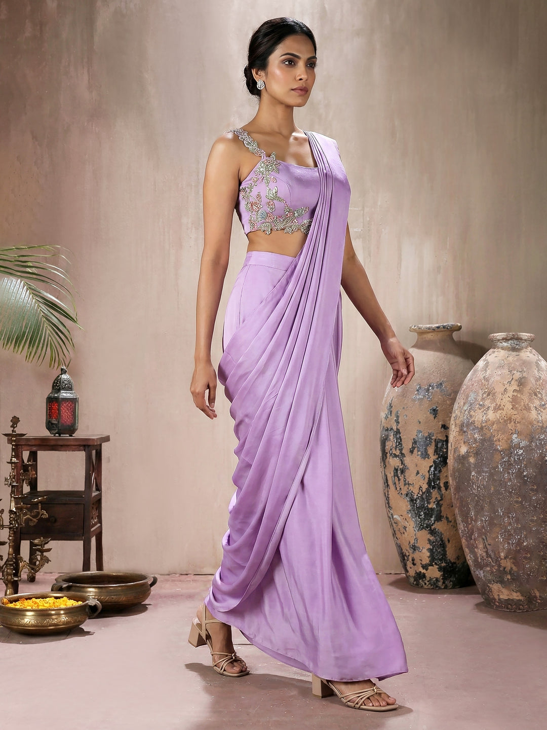 Lilac Crepe Silk Draped Saree With Embroidered Blouse