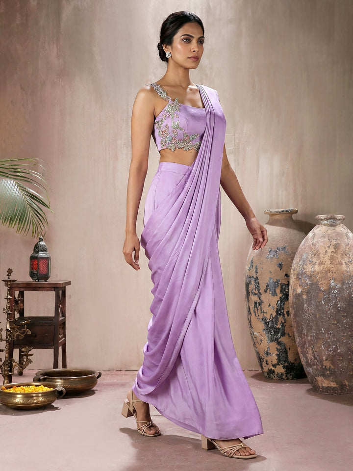 Lilac Crepe Silk Draped Saree With Embroidered Blouse