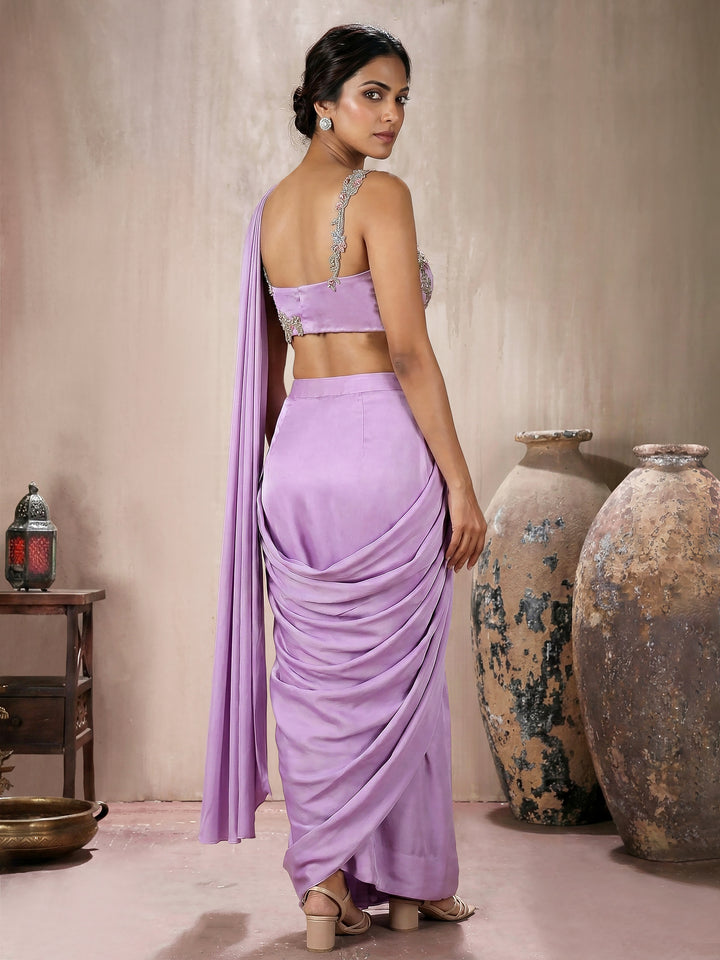 Lilac Crepe Silk Draped Saree With Embroidered Blouse