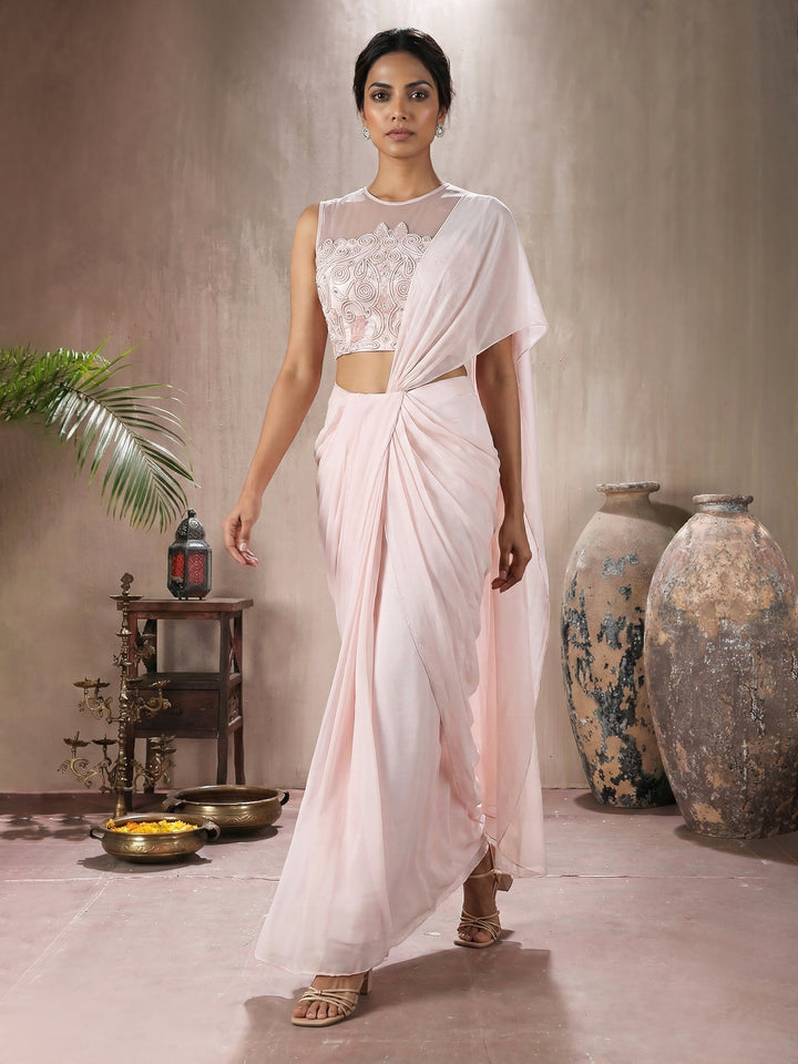 Pastel Pink Georgette Draped Saree With Concept Dori Work Blouse