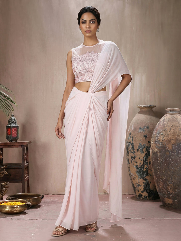 Pastel Pink Georgette Draped Saree With Concept Dori Work Blouse