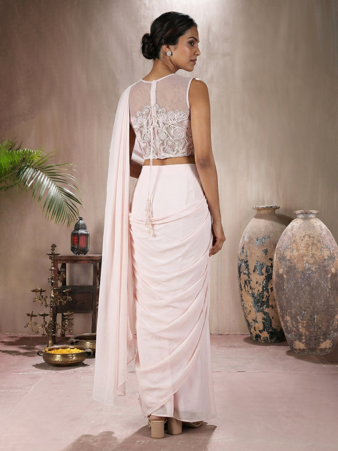 Pastel Pink Georgette Draped Saree With Concept Dori Work Blouse