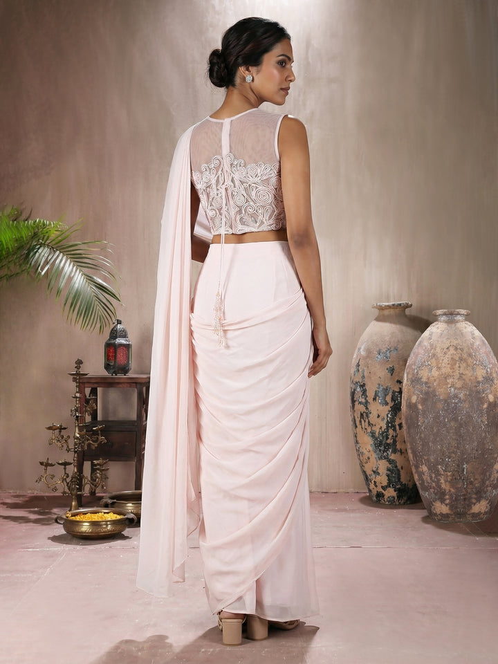Pastel Pink Georgette Draped Saree With Concept Dori Work Blouse