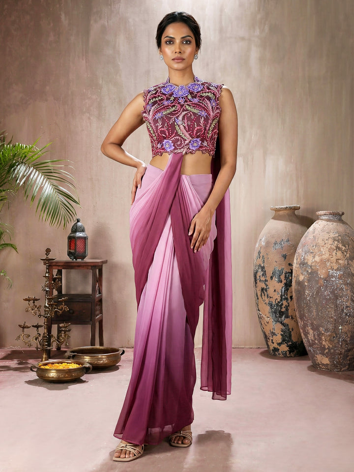 Mulberry Purple Ombre Georgette Concept Draped Saree with Halter Embroidered Blouse