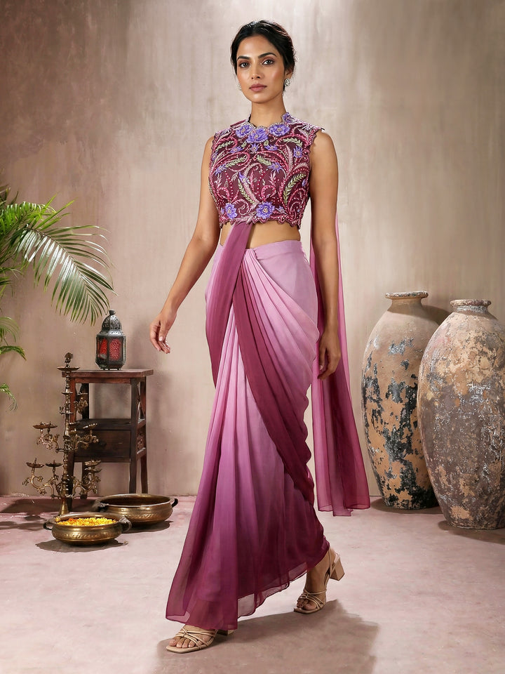 Mulberry Purple Ombre Georgette Concept Draped Saree with Halter Embroidered Blouse