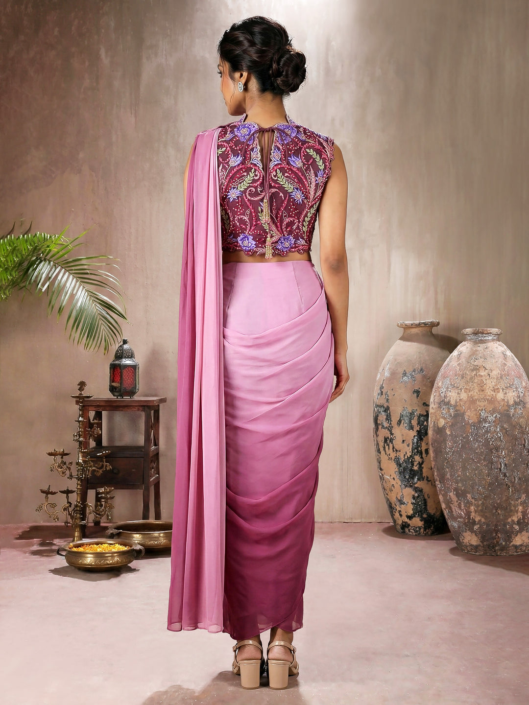 Mulberry Purple Ombre Georgette Concept Draped Saree with Halter Embroidered Blouse