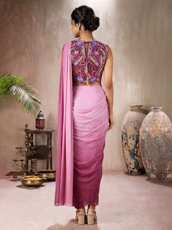 Mulberry Purple Ombre Georgette Concept Draped Saree with Halter Embroidered Blouse