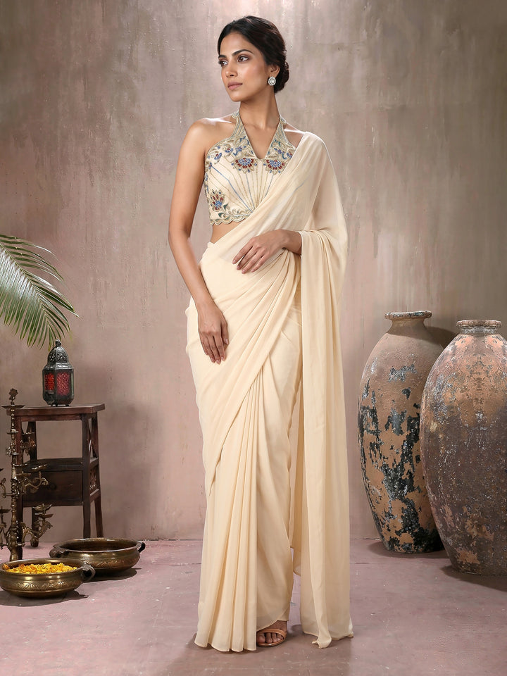Cream Color Georgette Draped Saree with Concept Embroidered Blouse