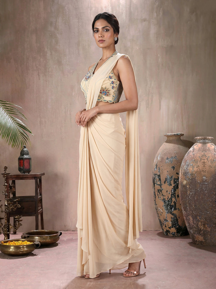 Cream Color Georgette Draped Saree with Concept Embroidered Blouse