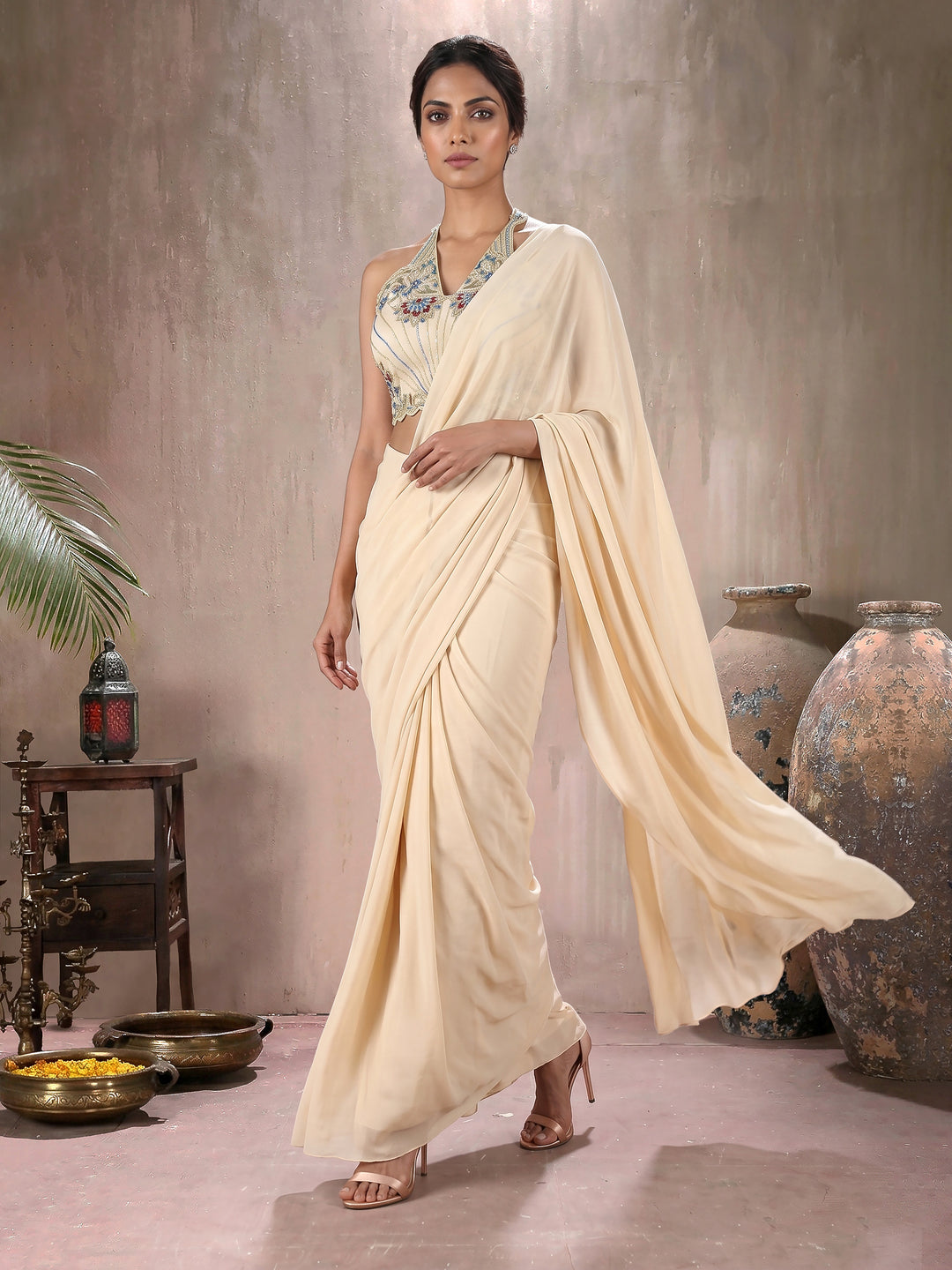 Cream Color Georgette Draped Saree with Concept Embroidered Blouse