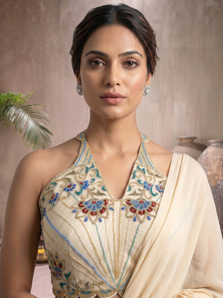 Cream Color Georgette Draped Saree with Concept Embroidered Blouse