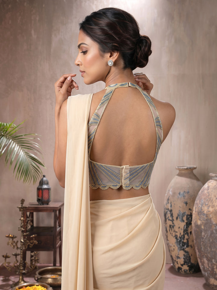 Cream Color Georgette Draped Saree with Concept Embroidered Blouse