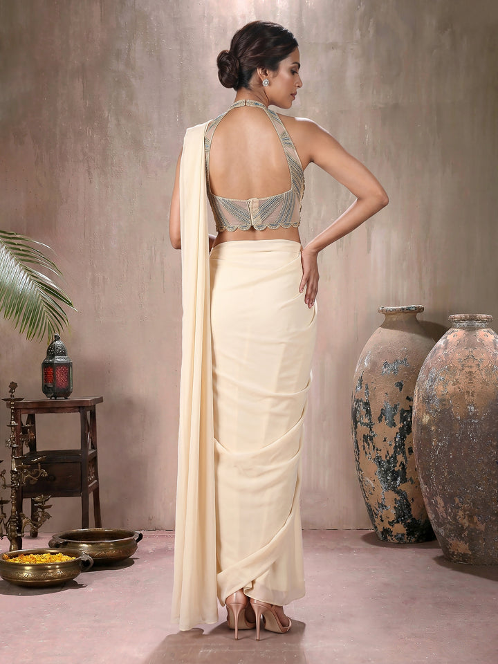 Cream Color Georgette Draped Saree with Concept Embroidered Blouse