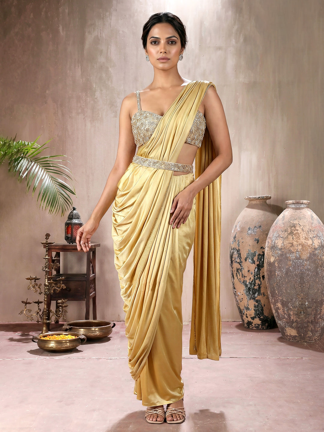 Beige Tassle Blouse with Drape Saree