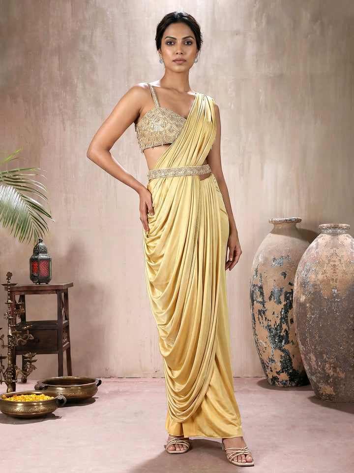 Beige Tassle Blouse with Drape Saree