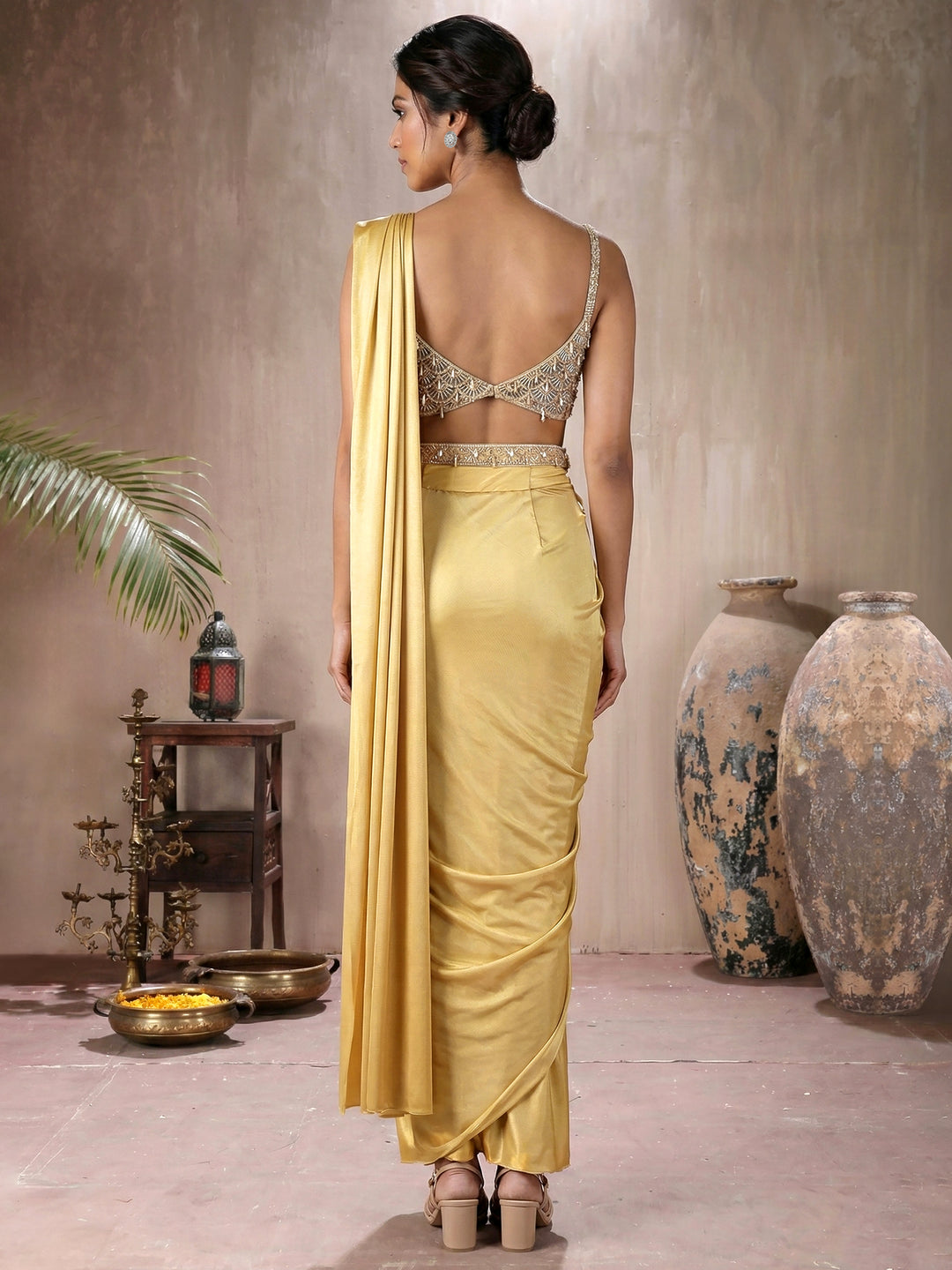 Beige Tassle Blouse with Drape Saree