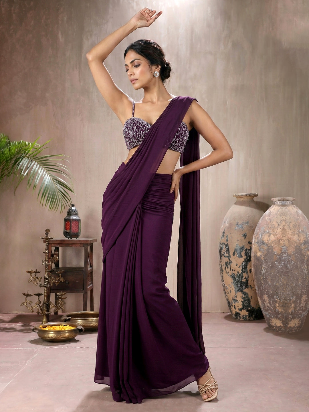 Wine Tassel Blouse with Hip Ruched Drape Saree