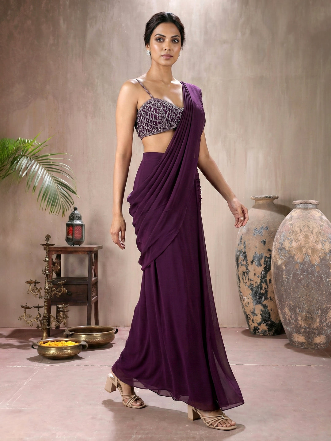 Wine Tassel Blouse with Hip Ruched Drape Saree