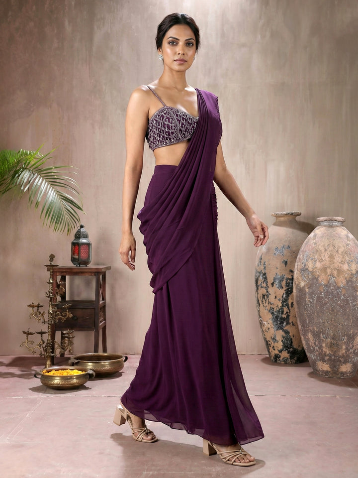 Wine Tassel Blouse with Hip Ruched Drape Saree