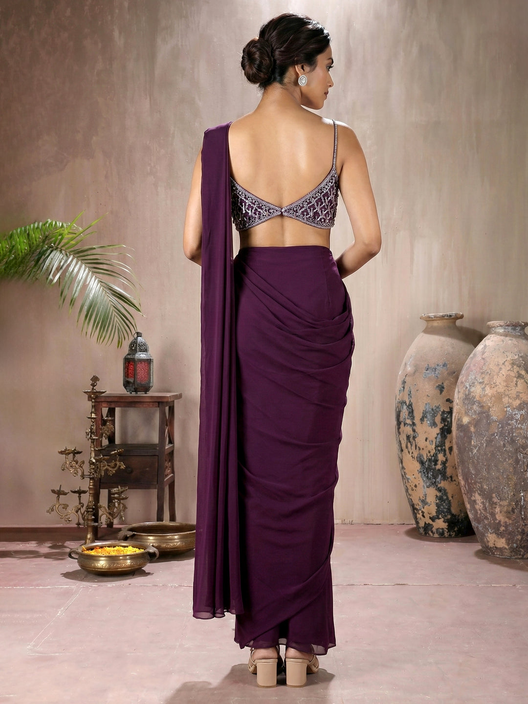 Wine Tassel Blouse with Hip Ruched Drape Saree