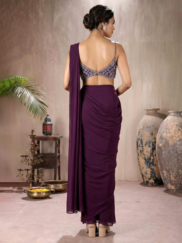 Wine Tassel Blouse with Hip Ruched Drape Saree